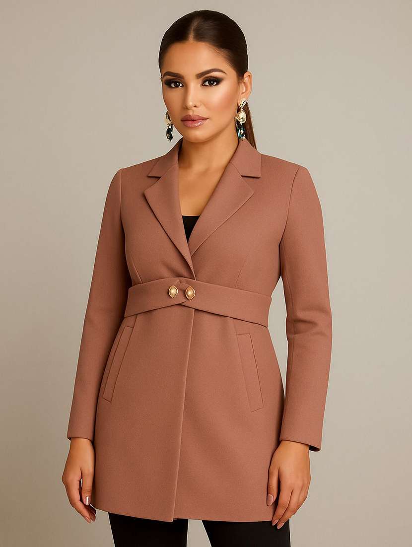 women solid lapel collar long sleeve overcoat 