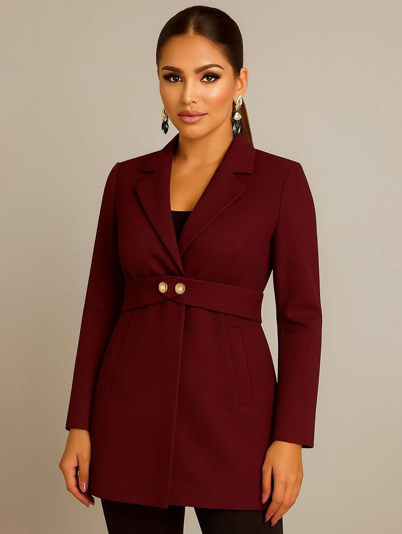 women solid lapel collar long sleeve overcoat 