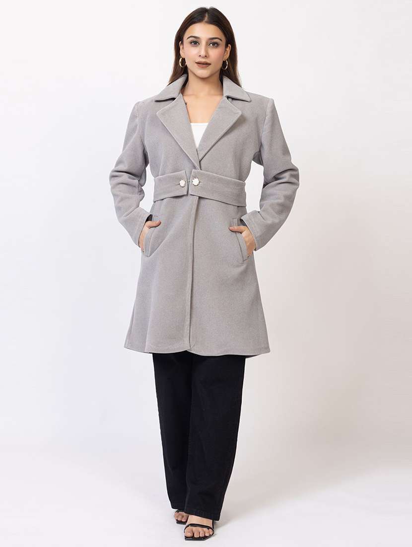 women solid lapel collar long sleeve trench coat