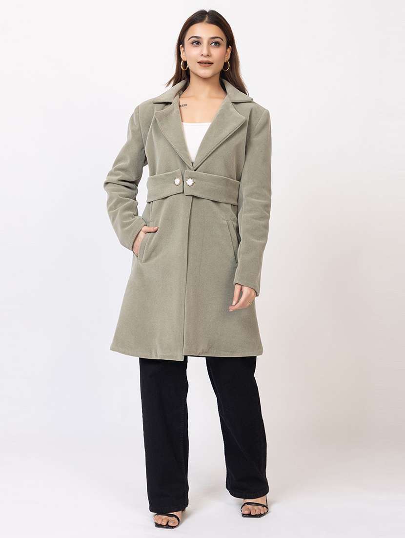 women solid lapel collar long sleeve trench coat