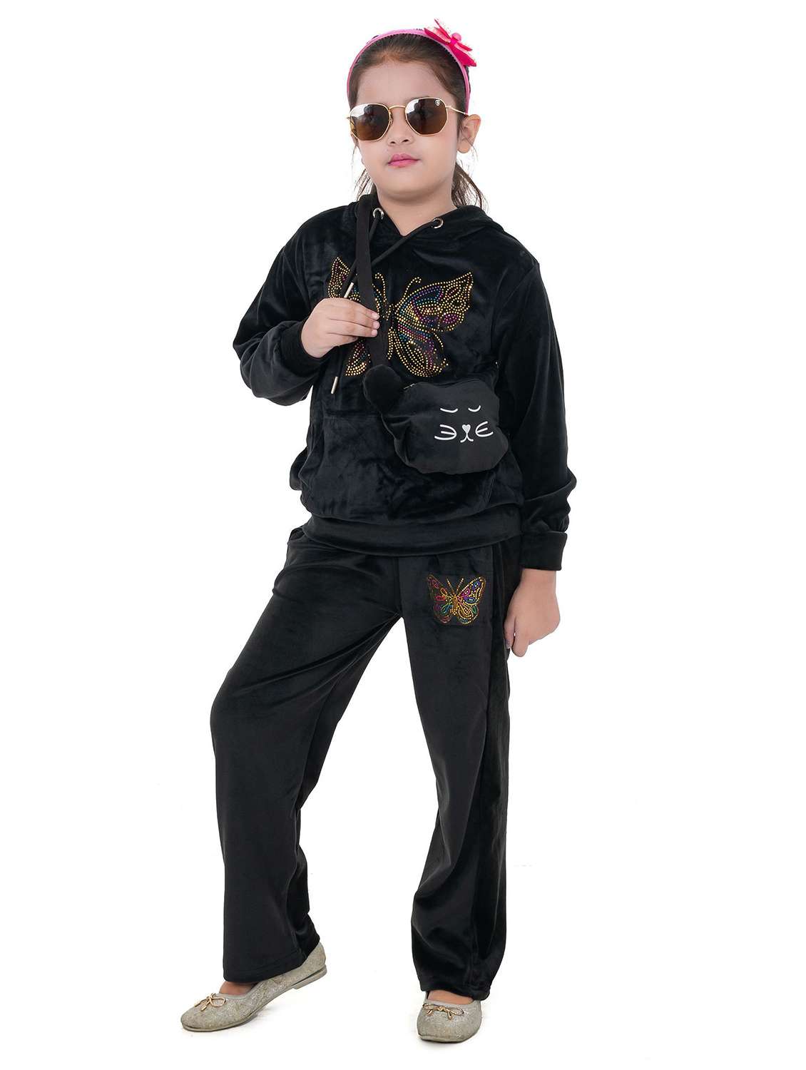 girls solid with work long sleeve full length set