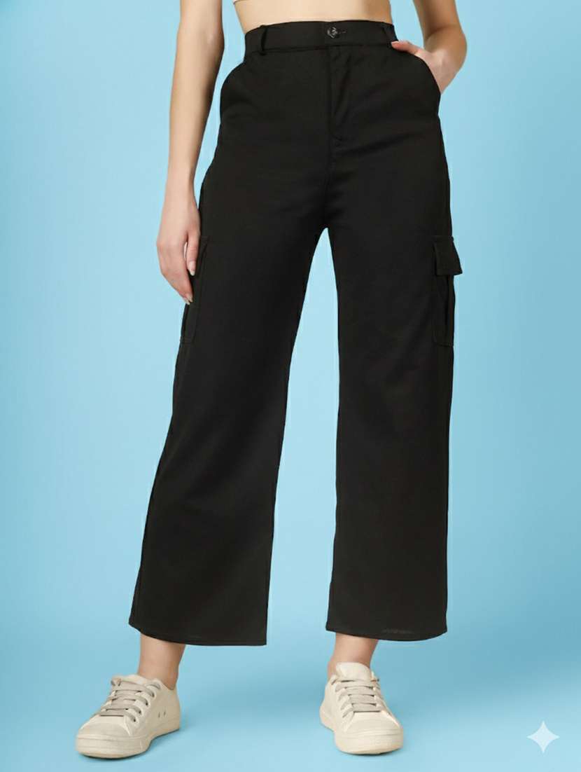 women solid high rise relaxed fit cargo - 22180263 -  Zoom Image - 0