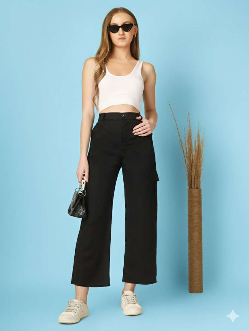 women solid high rise relaxed fit cargo - 22180263 -  Standard Image - 3