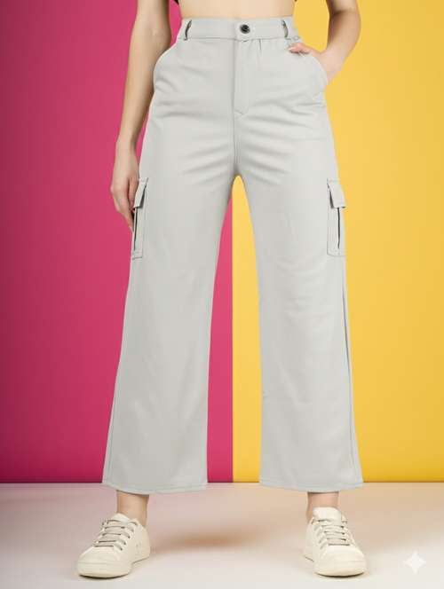 women solid high rise relaxed fit cargo - 22180266 -  Standard Image - 0