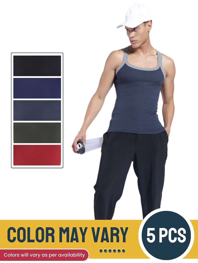 men pack of 5 solid sleeveless vest - 22181028 -  Standard Image - 3