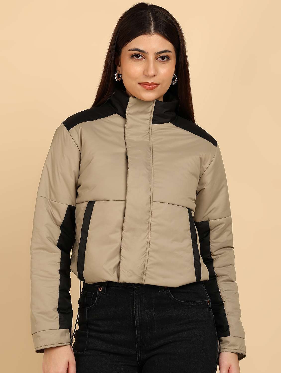 women color blocked long sleeve quilted jacket