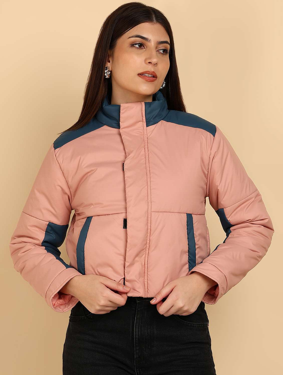 women color blocked long sleeve quilted jacket