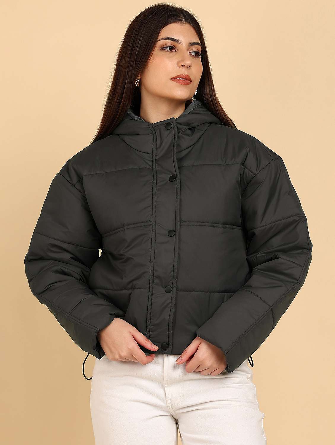 women solid long sleeve quilted jacket