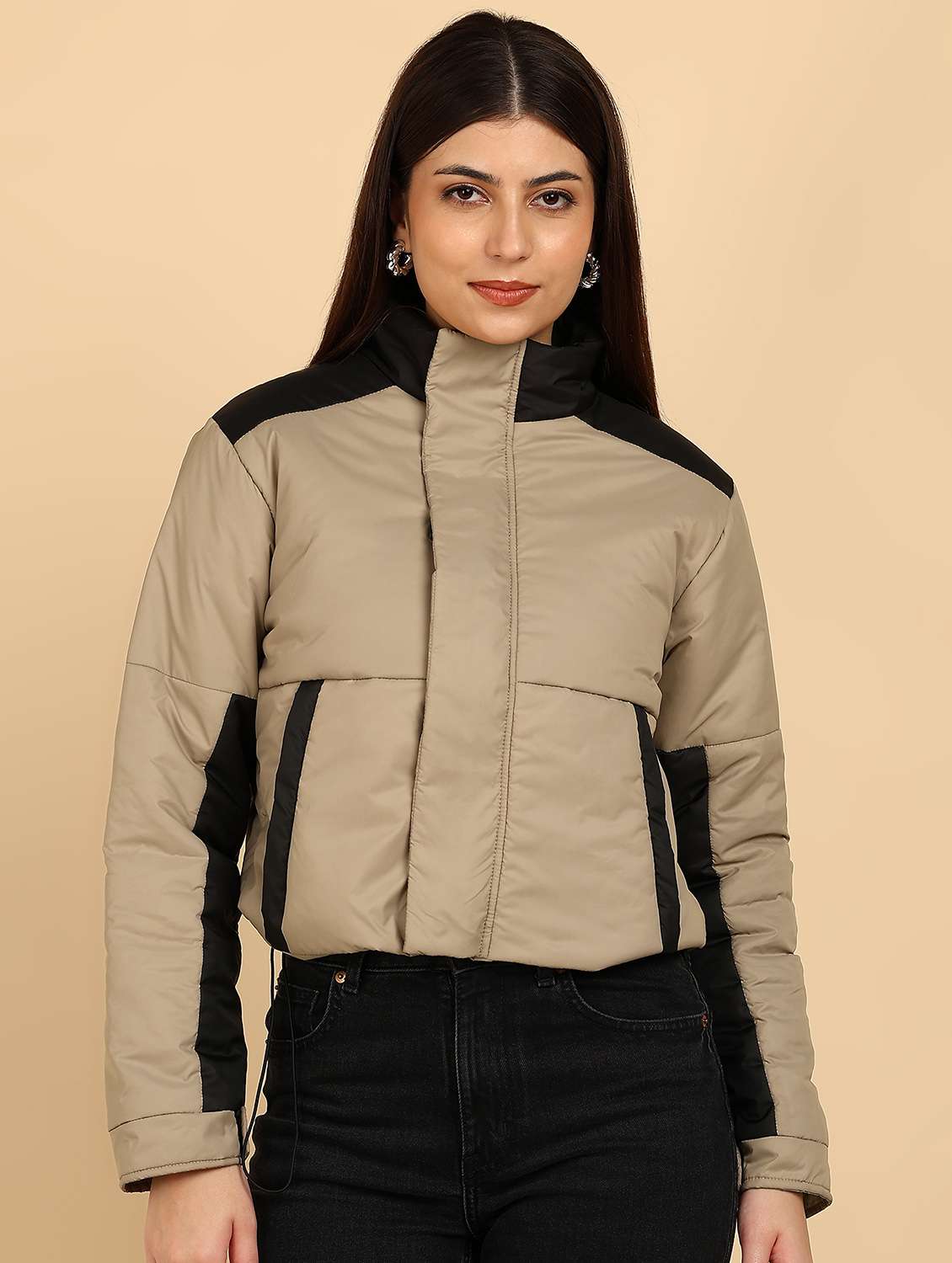 women color blocked long sleeve quilted jacket