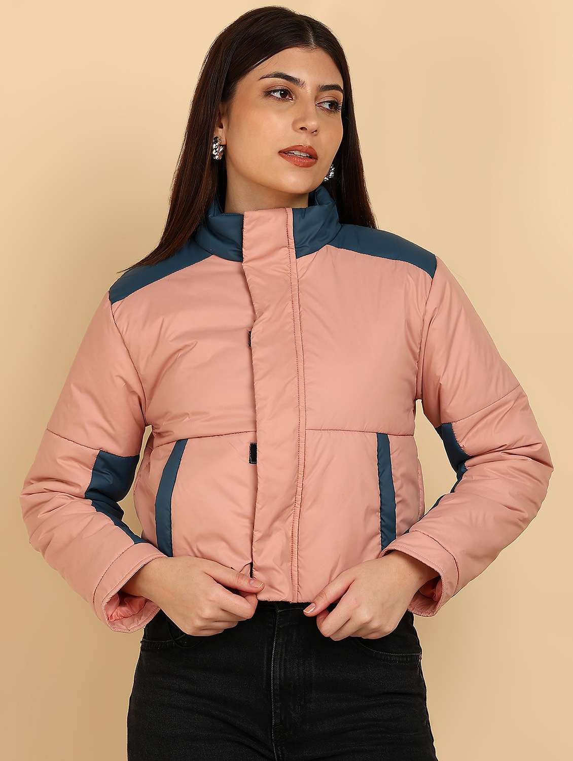 women color blocked long sleeve quilted jacket