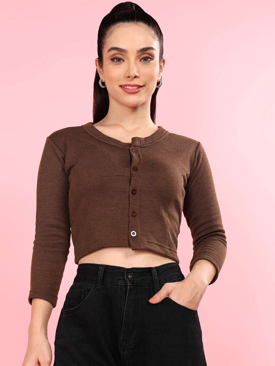 women solid three quarter sleeve thermal top