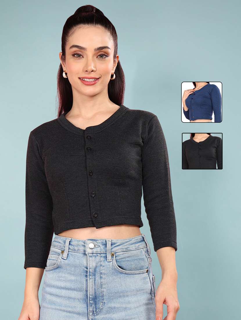 women pack of 2 solid three quarter sleeve thermal top