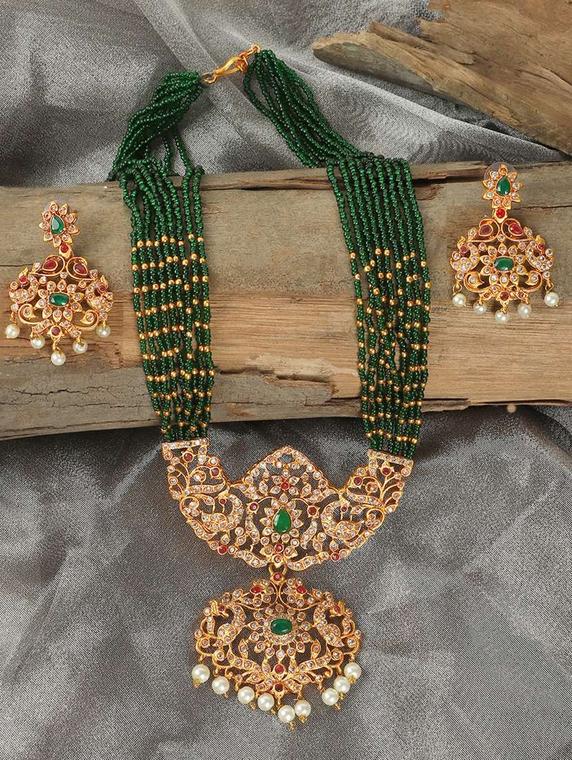 ad emeralds studded green beads layered long necklace