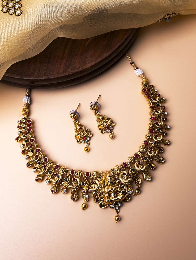 women gold plated multicolor stone studded necklace set