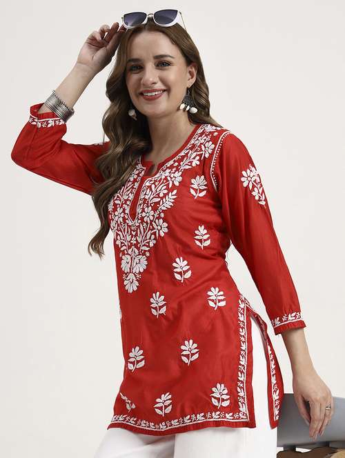 women solid with work long sleeve chikankari straight kurti - 22181358 -  Standard Image - 0