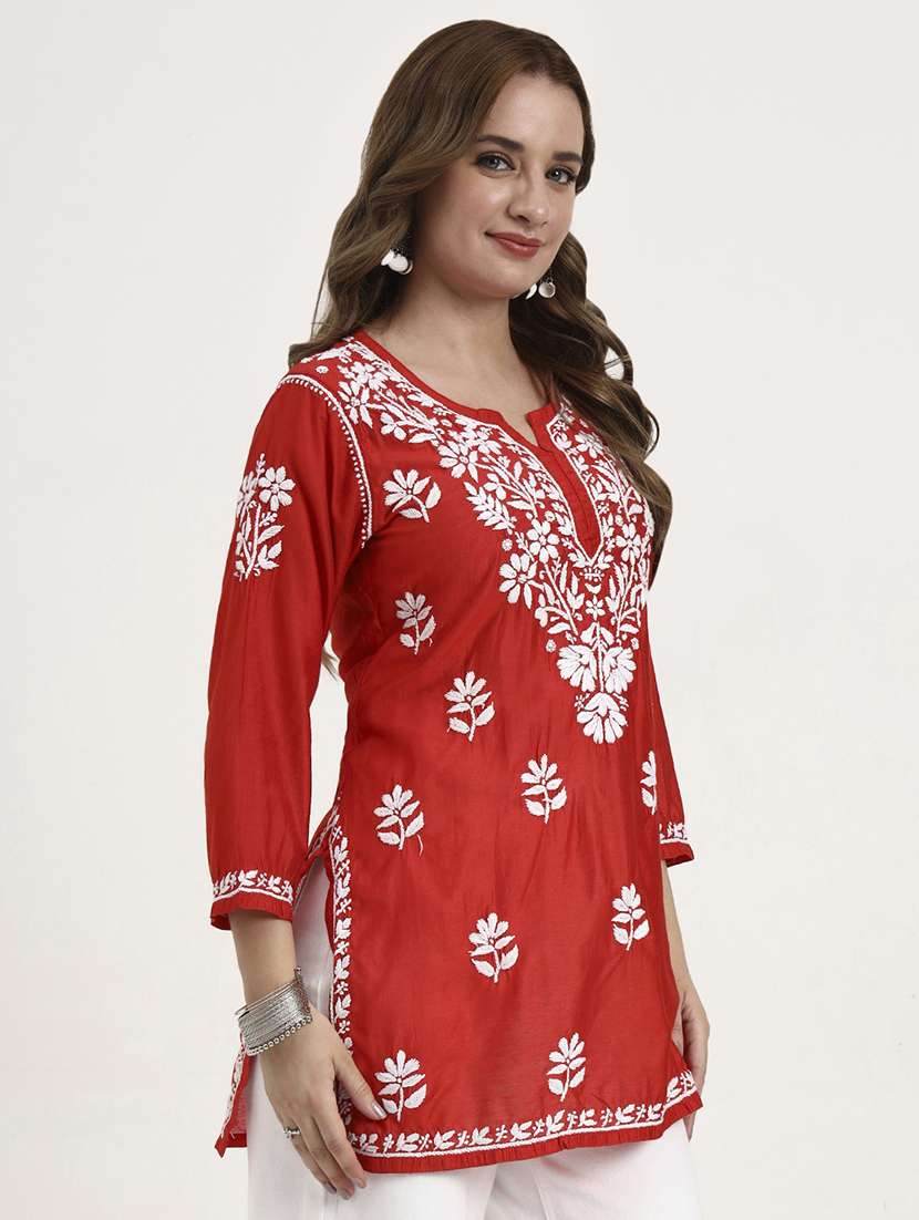 women solid with work long sleeve chikankari straight kurti - 22181358 -  Standard Image - 3