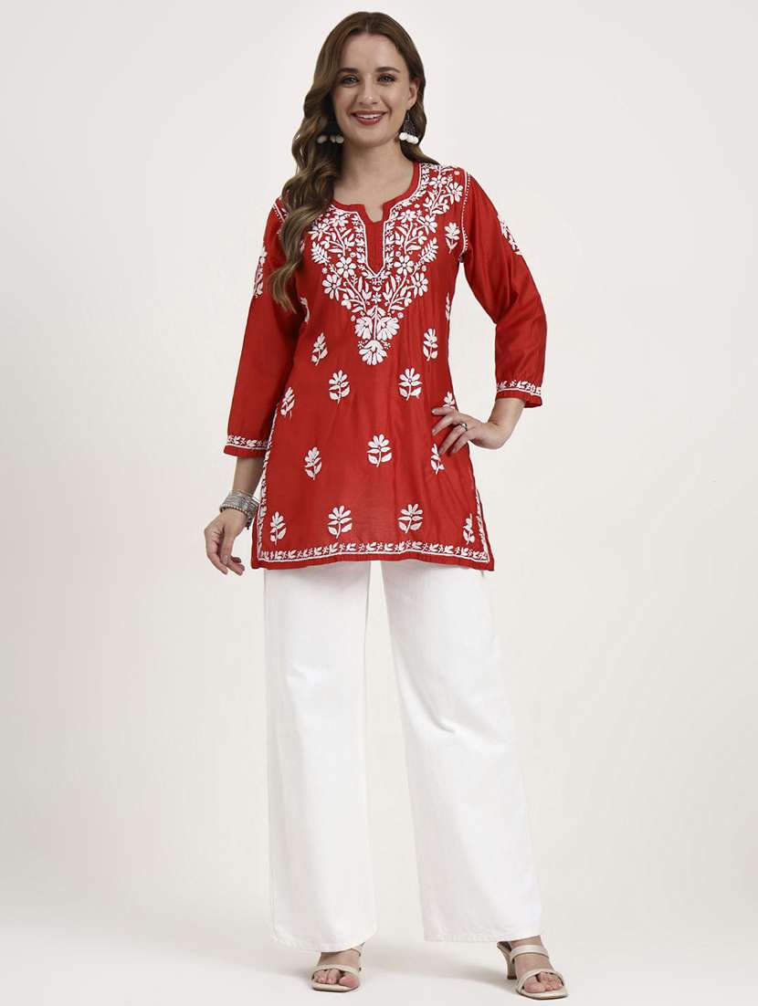 women solid with work long sleeve chikankari straight kurti - 22181358 -  Standard Image - 5
