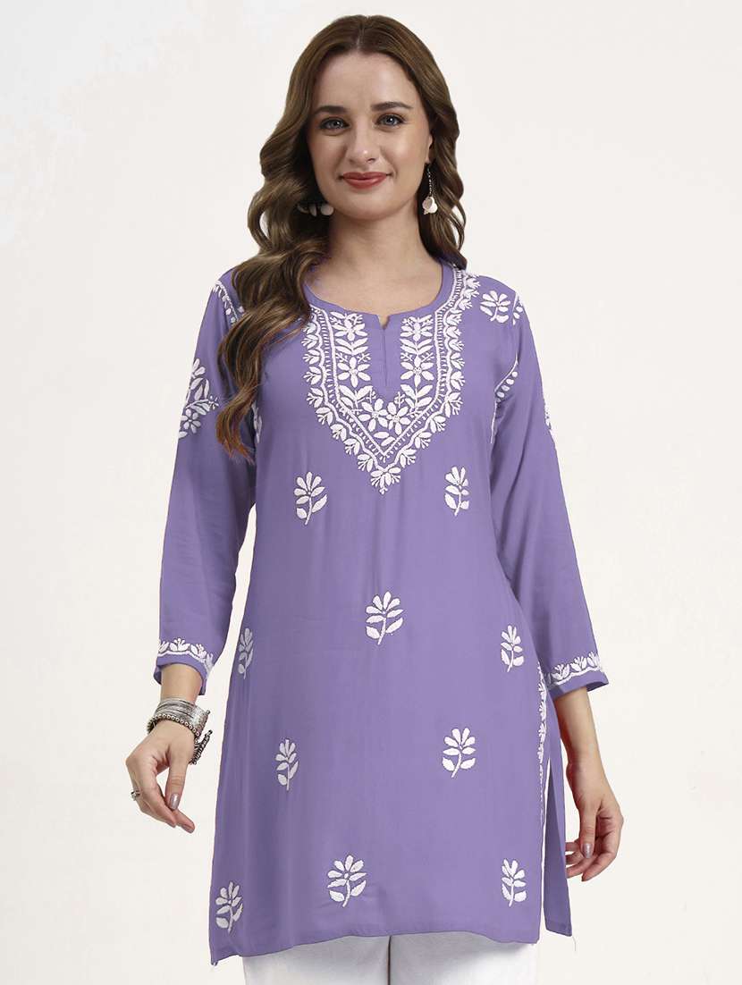 women solid with work long sleeve chikankari straight kurti - 22181359 -  Zoom Image - 0
