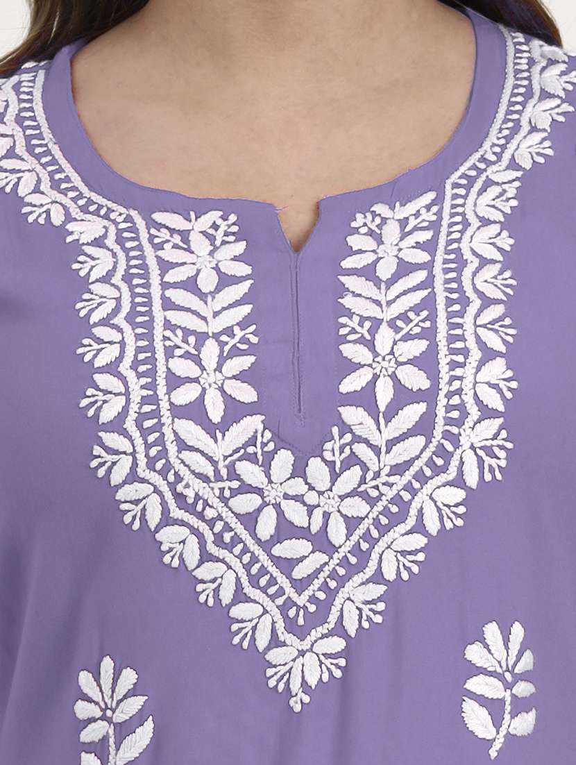 women solid with work long sleeve chikankari straight kurti - 22181359 -  Standard Image - 3
