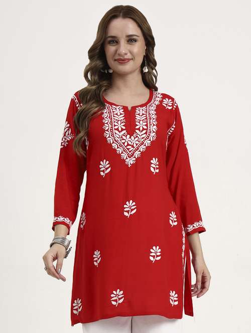 women solid with work long sleeve chikankari straight kurti - 22181360 -  Standard Image - 0