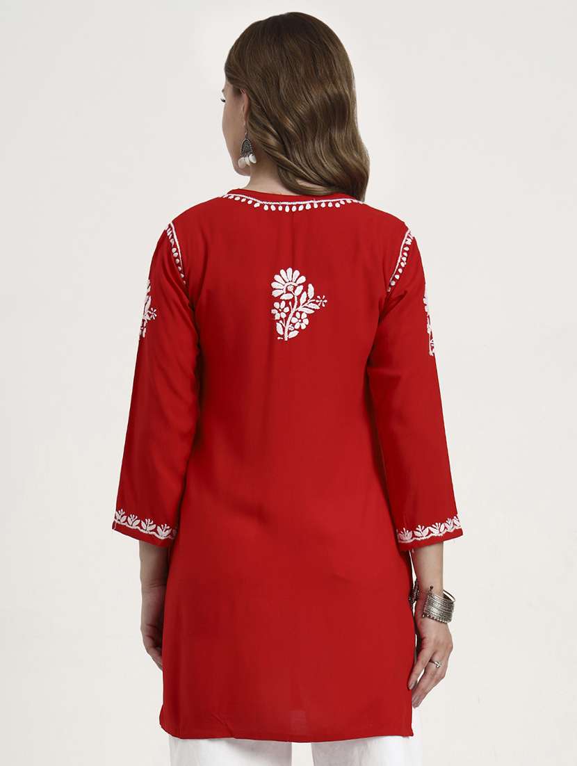 women solid with work long sleeve chikankari straight kurti - 22181360 -  Standard Image - 3