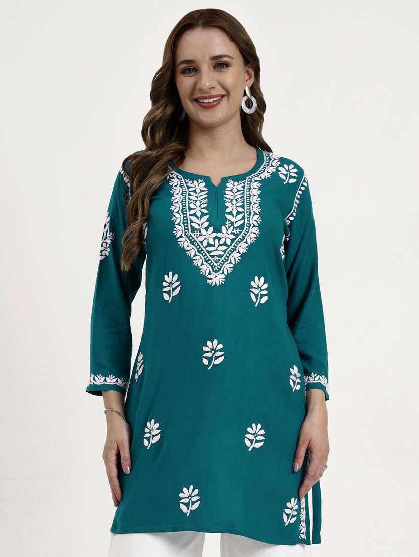 women solid with work long sleeve chikankari straight kurti