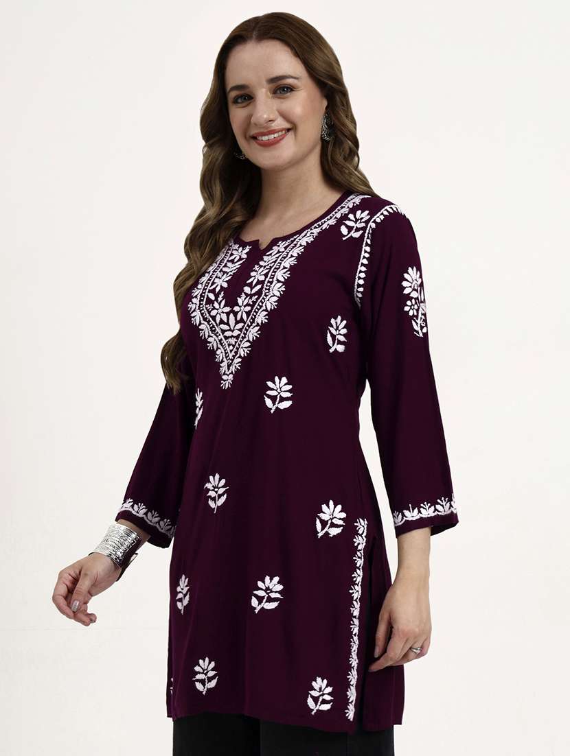 women solid with work long sleeve chikankari straight kurti - 22181362 -  Standard Image - 3