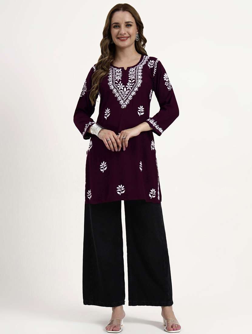 women solid with work long sleeve chikankari straight kurti - 22181362 -  Standard Image - 5