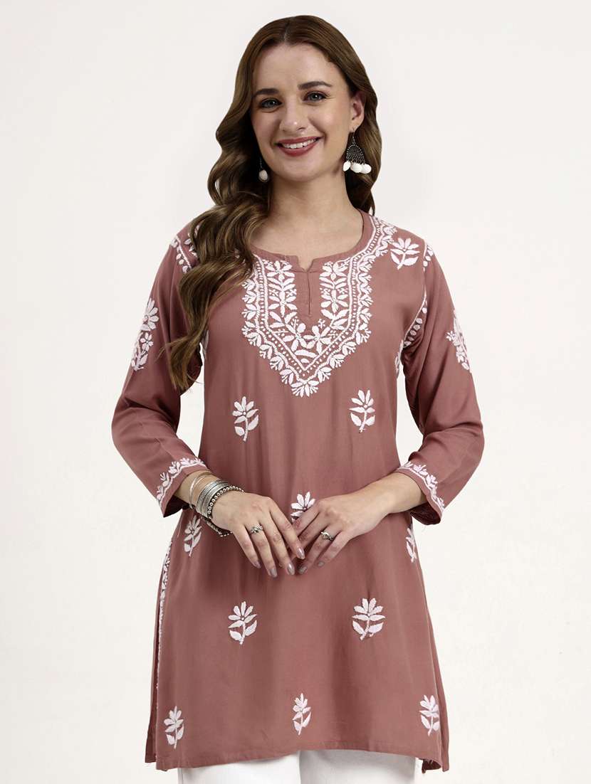women solid with work long sleeve chikankari straight kurti