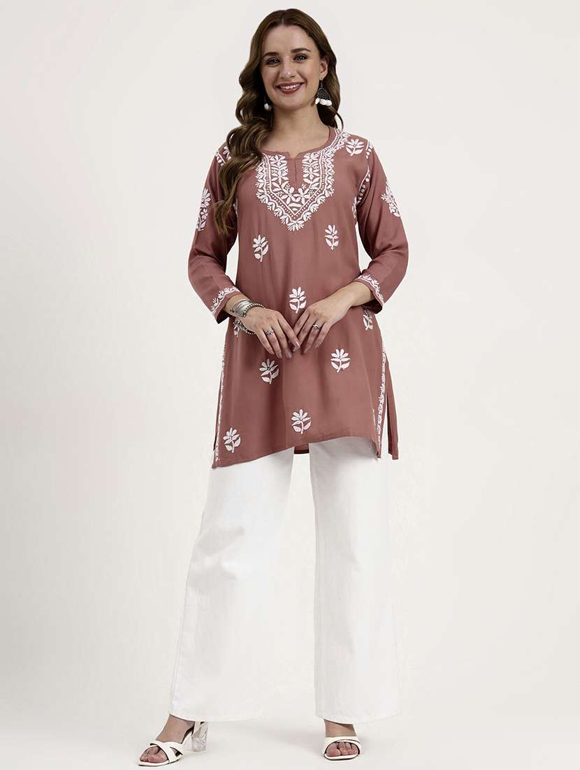 women solid with work long sleeve chikankari straight kurti - 22181364 -  Standard Image - 5