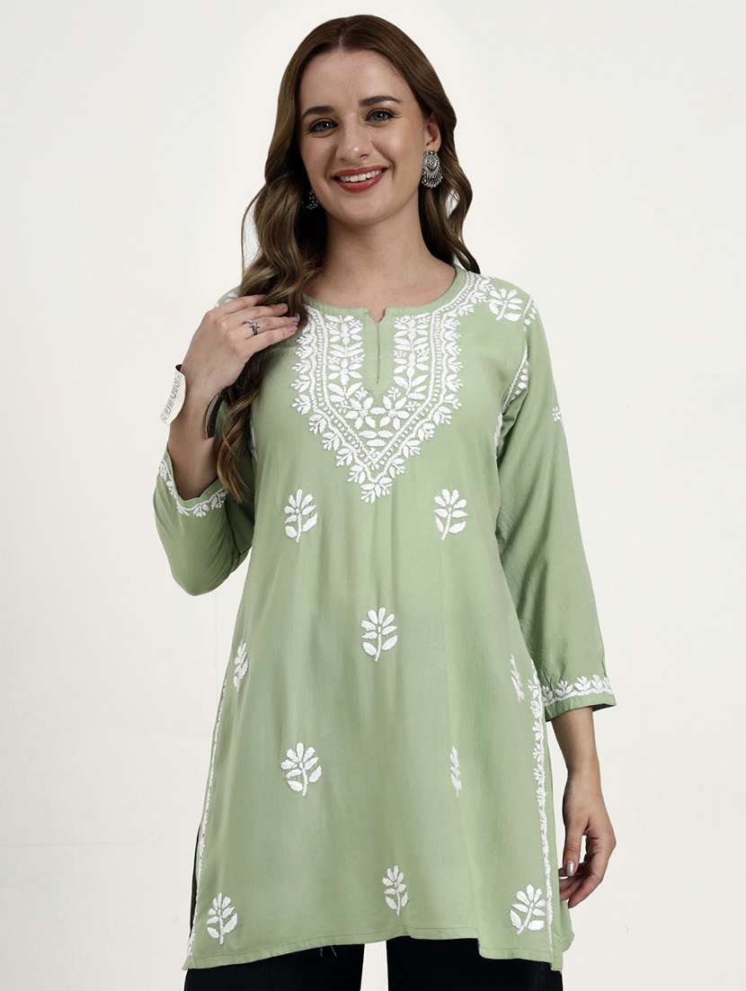 women solid with work long sleeve chikankari straight kurti