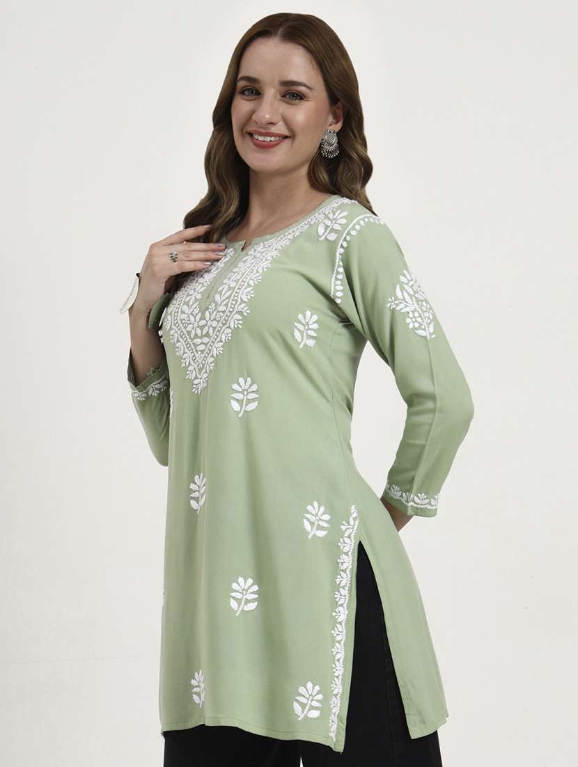 women solid with work long sleeve chikankari straight kurti - 22181365 -  Standard Image - 3