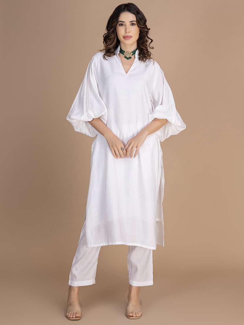 women solid bishop sleeve straight kurta