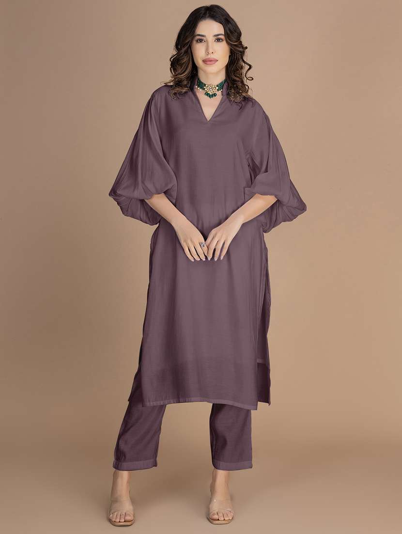 women solid bishop sleeve straight kurta