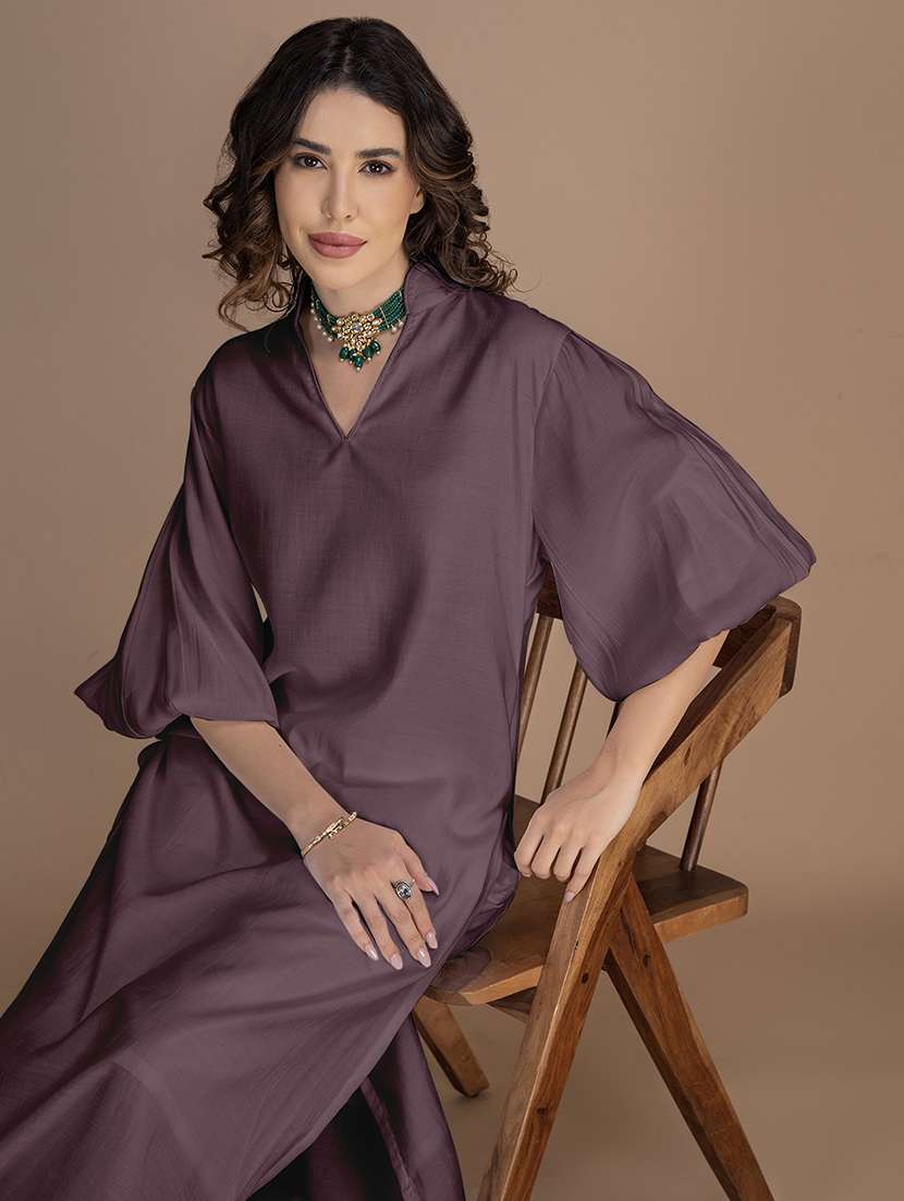 women solid bishop sleeve straight kurta - 22181390 -  Standard Image - 3