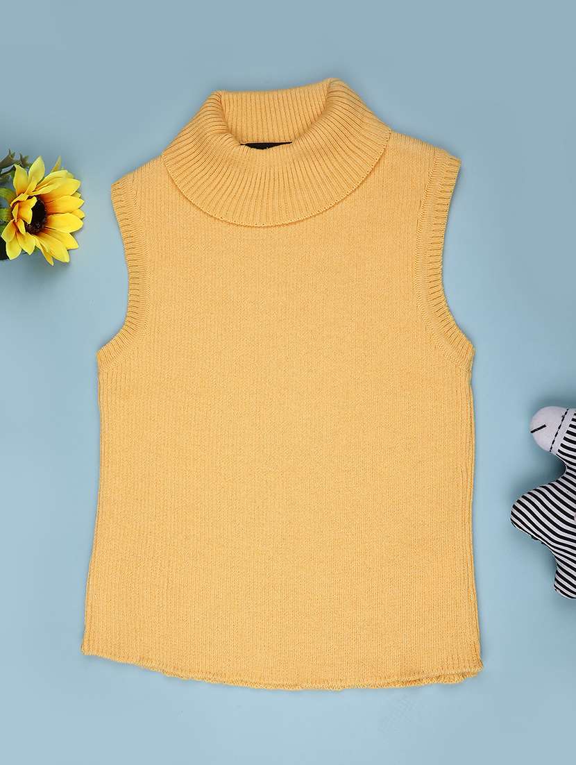 girls solid high neck sleeveless sweater
