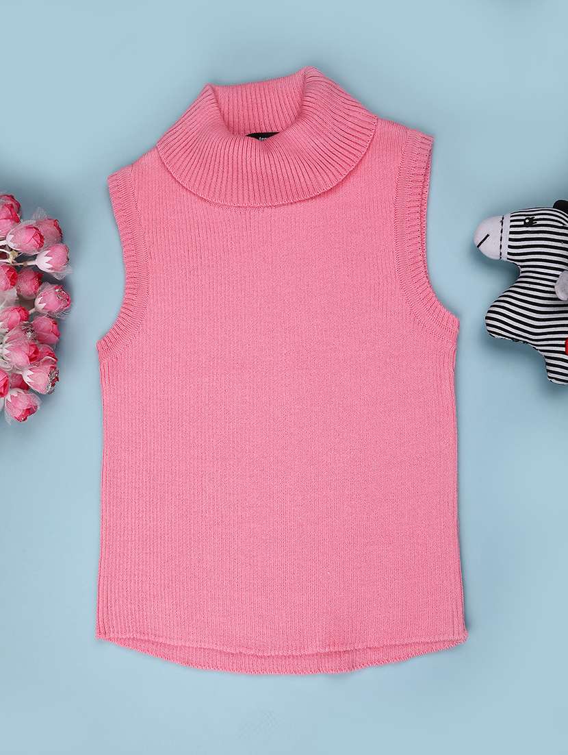 girls solid high neck sleeveless sweater