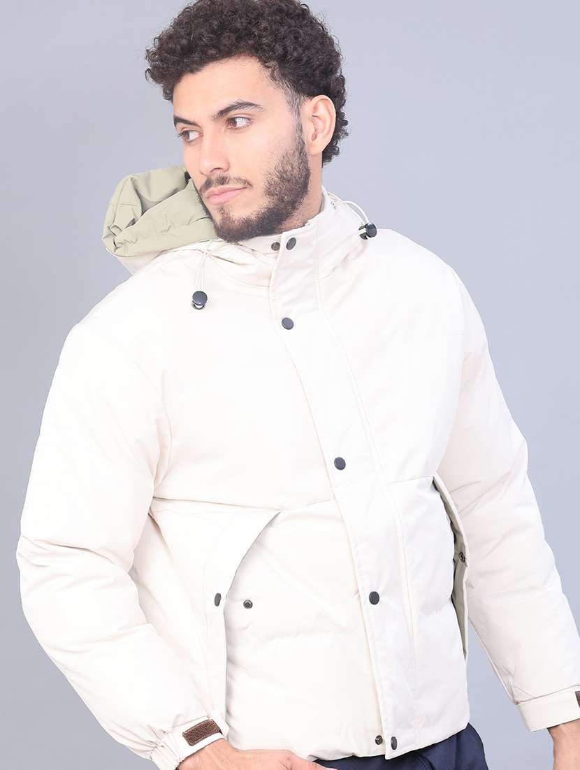 men solid long sleeve hooded quilted jacket