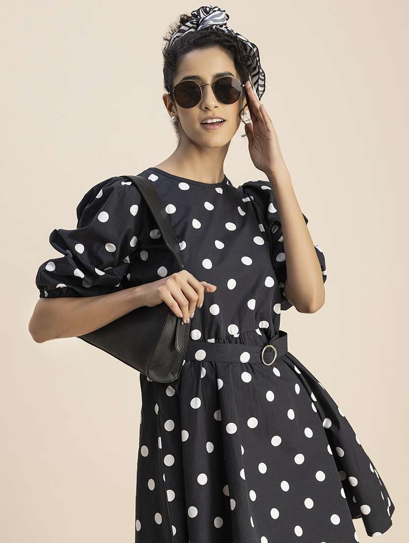 women polka doted puff sleeve a-line dress