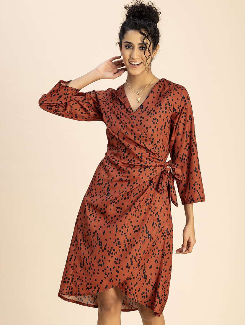 women printed long sleeve wrap dress