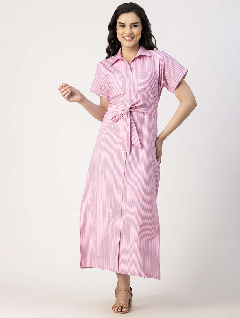 women striped collared short sleeve shirt dress