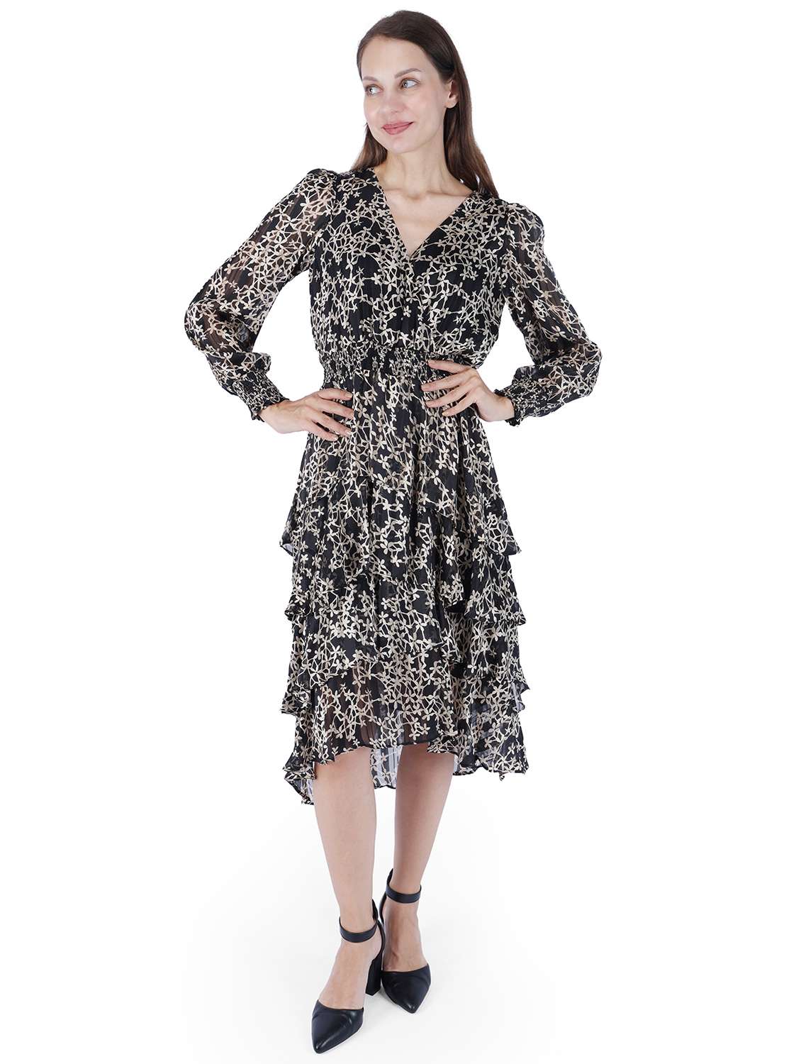 women printed puff sleeve ruffle dress - 22181431 -  Zoom Image - 0