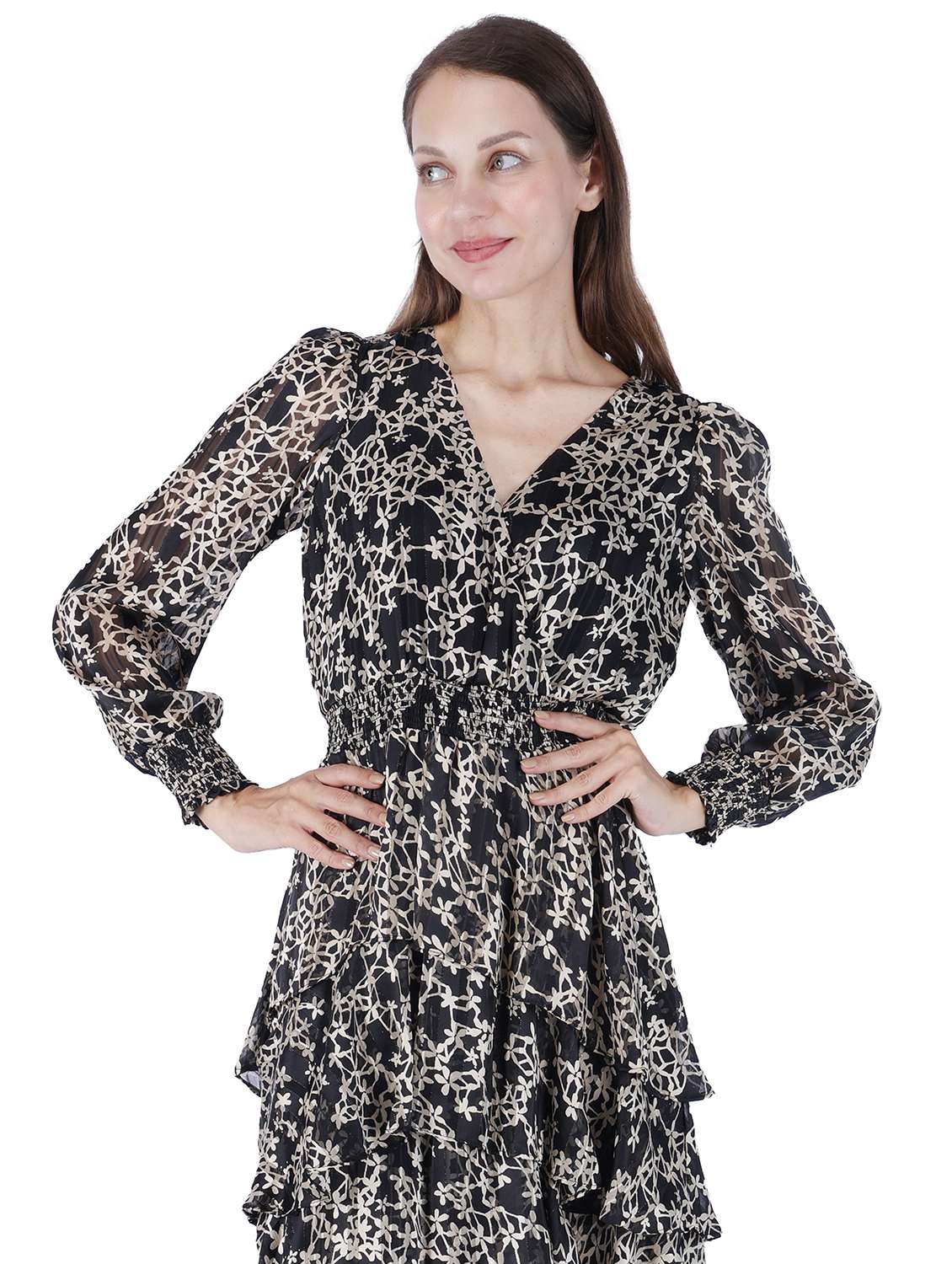 women printed puff sleeve ruffle dress - 22181431 -  Standard Image - 3