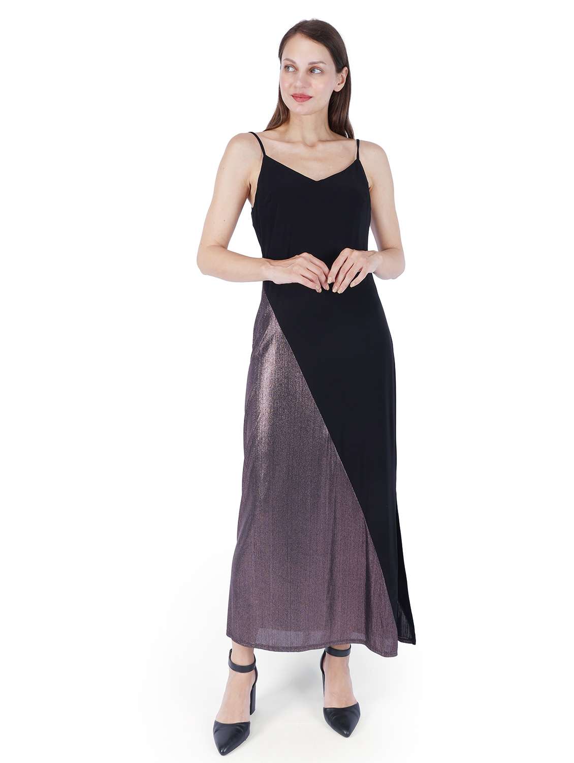 women color blocked shoulder strap a-line dress