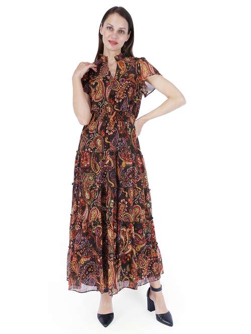 women printed mandarin neck fit & flared dress - 22181437 -  Standard Image - 0