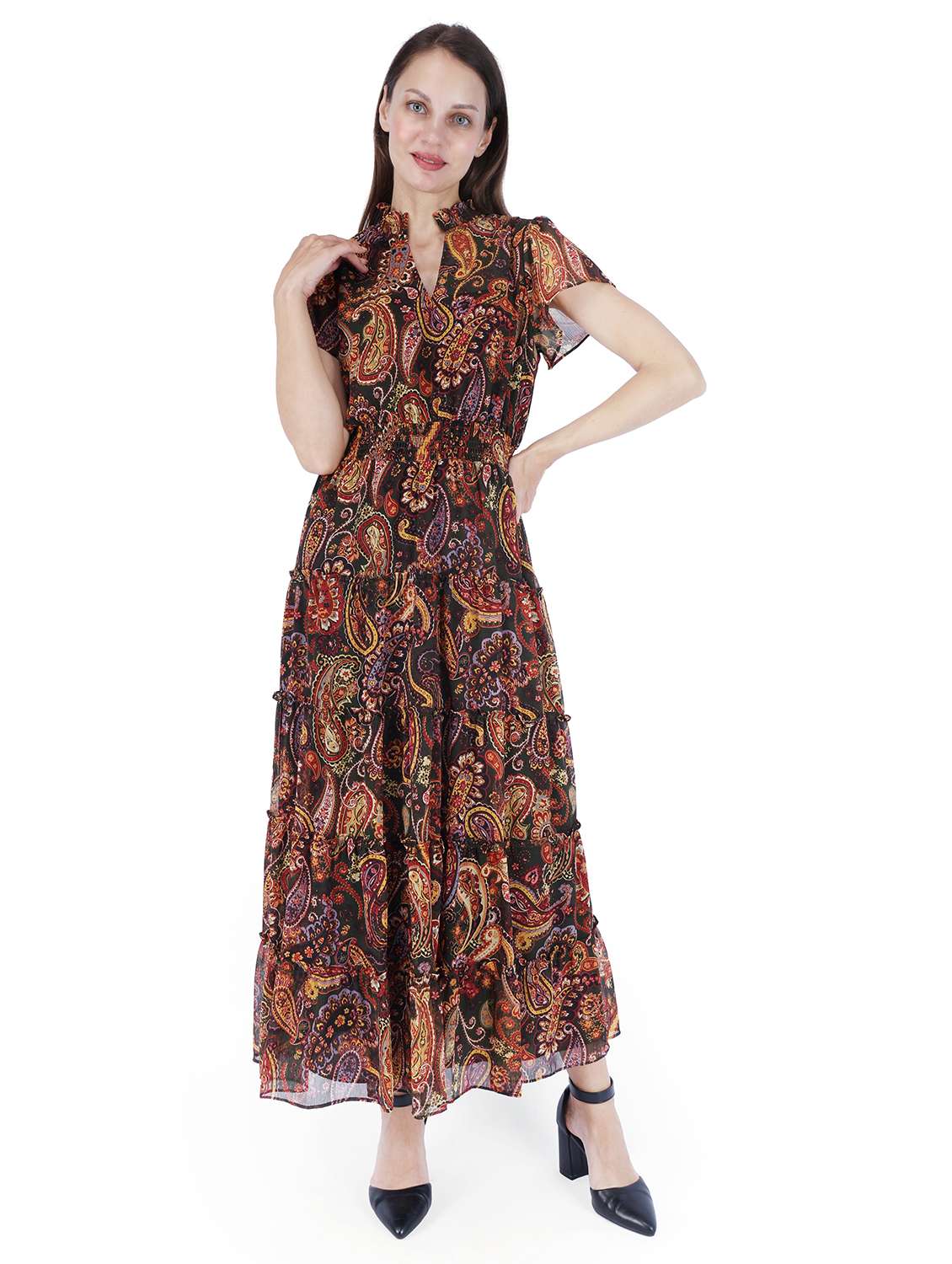 women printed mandarin neck fit & flared dress
