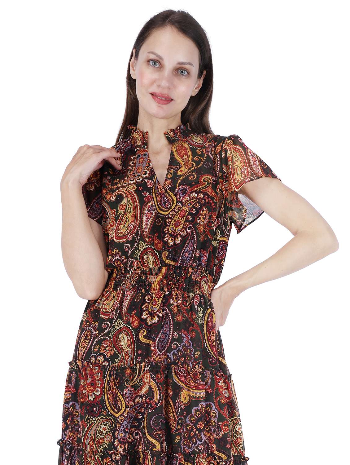 women printed mandarin neck fit & flared dress - 22181437 -  Standard Image - 3