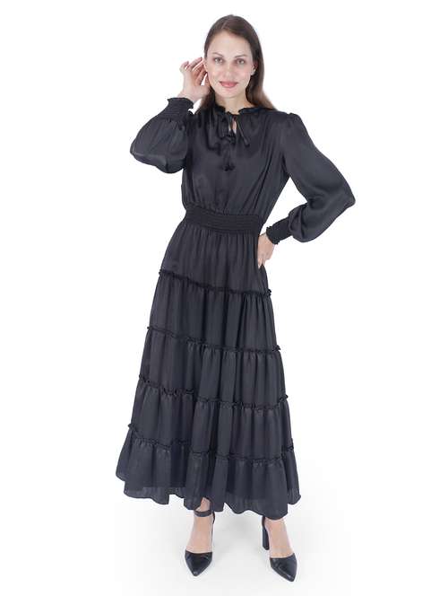 women solid tie-up neck puff sleeve tiered dress - 22181438 -  Standard Image - 0