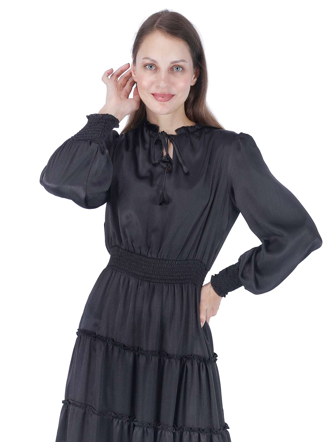 women solid tie-up neck puff sleeve tiered dress - 22181438 -  Standard Image - 3