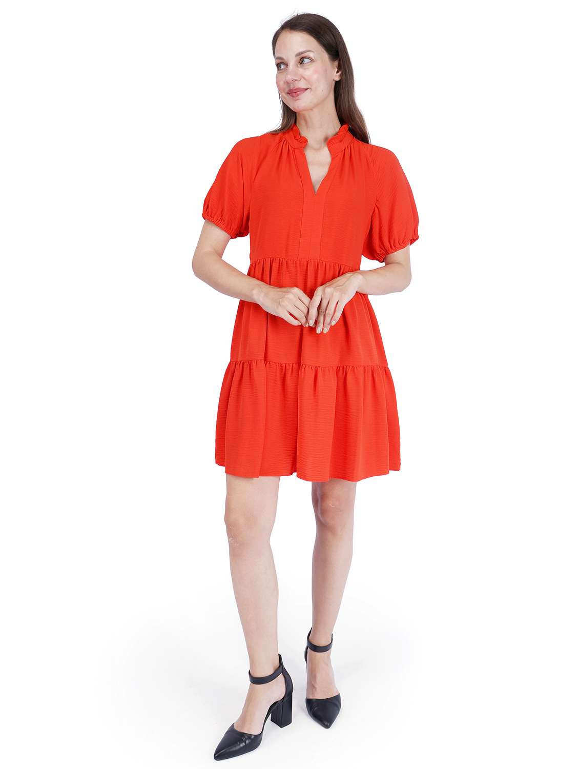 women solid puff sleeve tiered dress